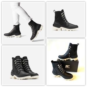 Sorel Brex Lace Up Black & White Chalk Lug Sole Waterproof Leather Boots 9 NEW